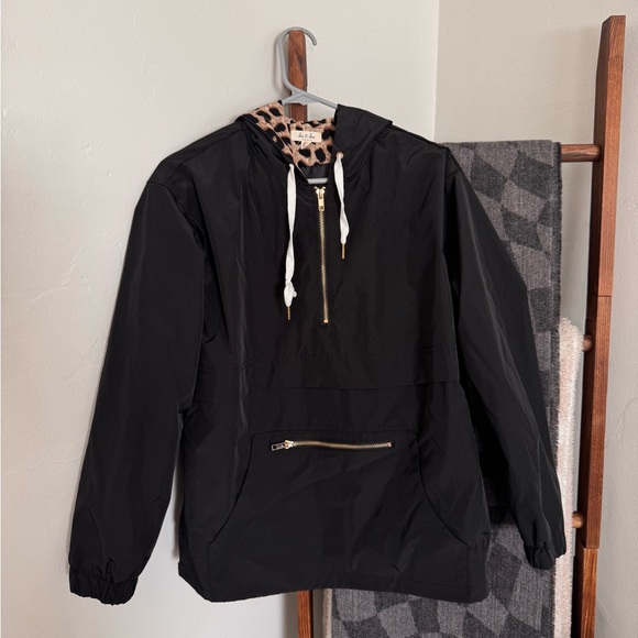 Women's Black Anorak Jacket with Leopard Print Hood - Picture 1 of 2